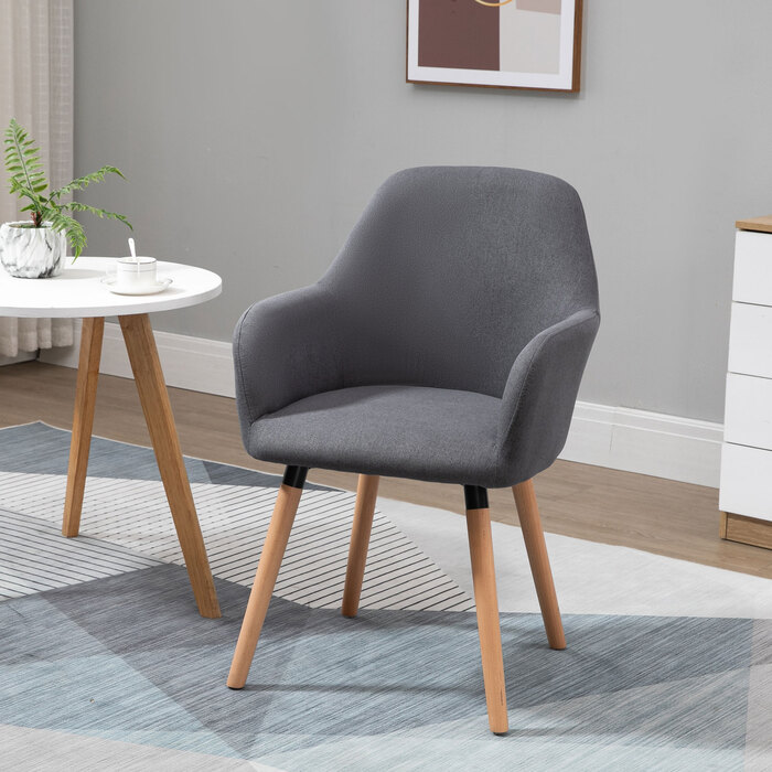 HOMCOM Dining Chair Upholstered Chair with Anti-Slip Dark Grey Linen Fabric Beechwood 56x60x85 cm for Living Room & Dining Area