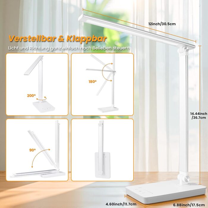 LED лампа для столу Akynite з регулюванням яскравості, USB, 2A адаптер, 5 кольорів, 10 рівнів яскравості, таймер, сенсорне управління, для дітей, білий