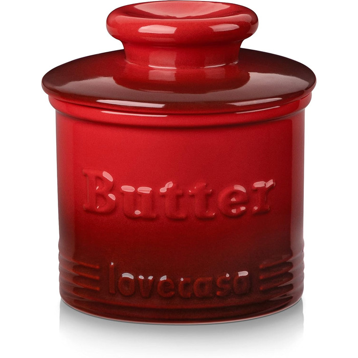 Porcelain Butter Dish for Countertop, LOVECASA Butter Holder with Water Line, French Butter Box with Lid, Ceramic Butter Container, no more hard butter, perfectly spreadable consistency (red)
