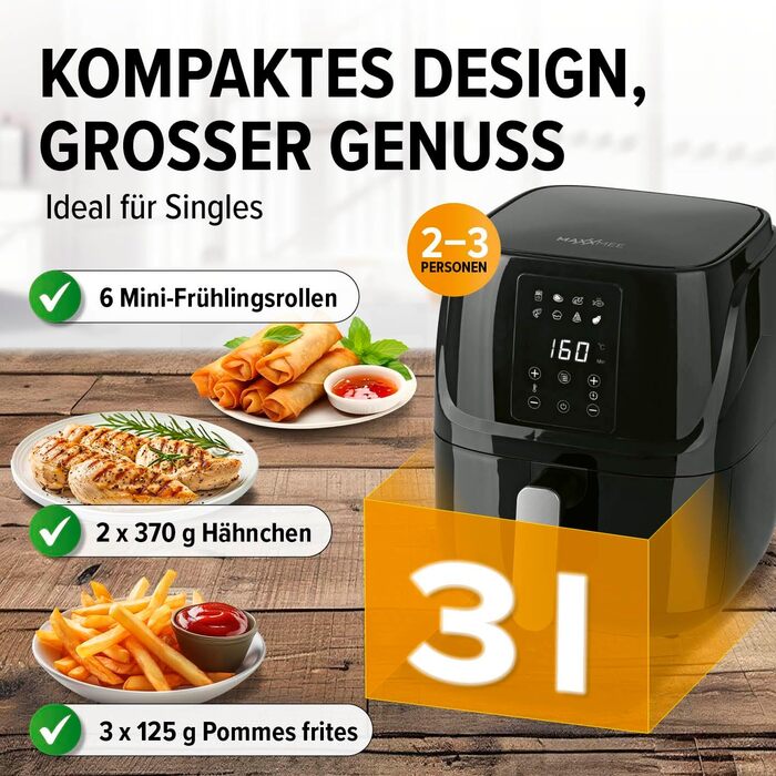 MAXXMEE Цифрова аерофритюрниця 3 л, 1300 Вт, 8 програм, гриль, конвекційна піч, таймер, багатофункціональна (фритюрниця, гриль, випічка, розморожування, підігрів, збереження тепла)