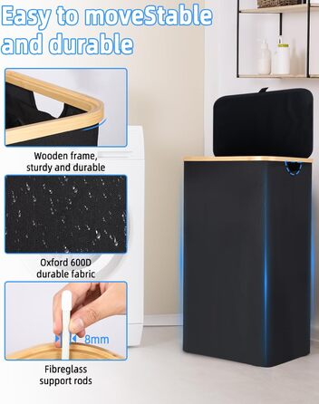 Laundry Basket with Lid 100L, Laundry Box with Bamboo Handles and Inner Pocket, Bamboo Laundry Collector, Large Capacity, Laundry Baskets, Foldable Laundry Baskets for Laundry Room, Bedroom, Bathroom (black)
