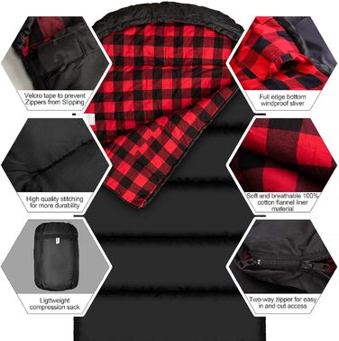 Cotton Flannel Sleeping Bag for Adults - Camping, Hiking & Backpacking - Lightweight 3-4 Season Sleeping Bag (Black/Red)