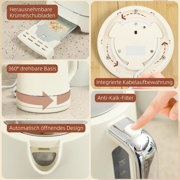 Набір для сніданку HOMCOM: чайник 1,7л та тостер на 2 тости, 6 рівнів підсмажування, з фільтром від накипу та підсвічуванням крихт