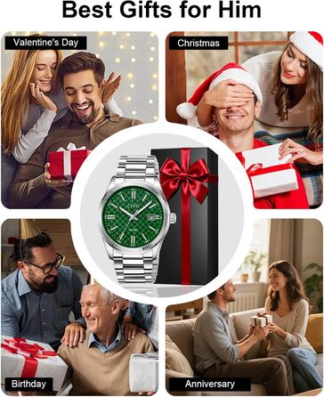 Чоловічий годинник CIVO з нержавіючої сталі: аналоговий бізнес-годинник з датою, що світиться - водонепроникний для роботи та відпочинку - стильний подарунок для чоловіків (сріблястий, зелений)