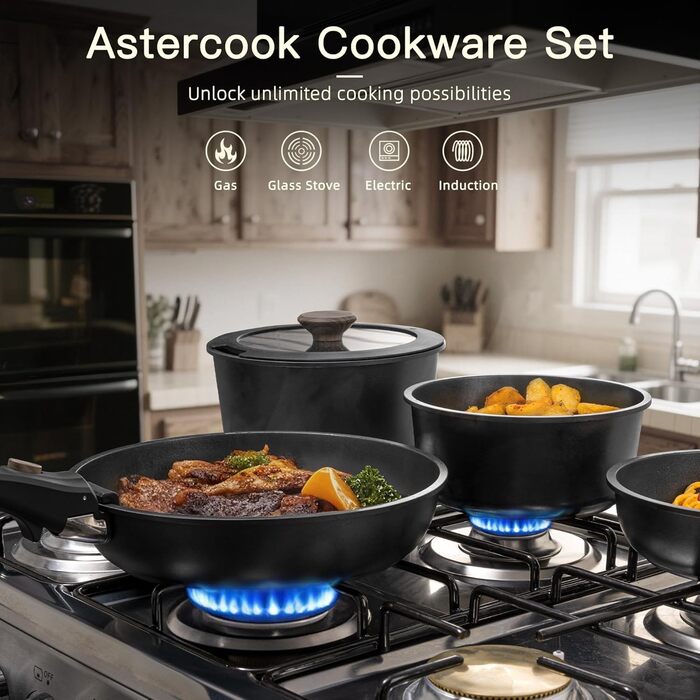 Набір посуду Astercook 21 предмет: каструлі та сковорідки з антипригарним покриттям, керамічний набір, знімні ручки, для дому та кемпінгу, сумісний з індукцією, можна мити в духовці, компактний, стійкий