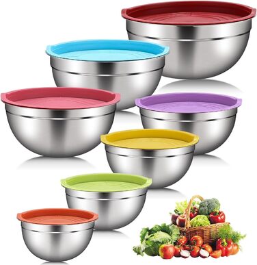 Set of 7 stainless steel bowls with colorful lids, mixing bowls, salad bowls, stackable for minimal storage, essential cooking, kitchen utensils