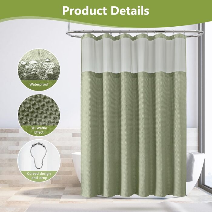 Шторка для душу з тканини Вафле, зелена, 183x183 см, з гачками, водонепроникна, для готелю