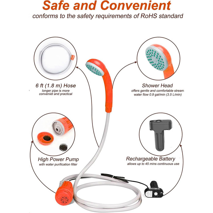 Кемпінгова душова кабіна Zooma з насосом, портативна душова для відпочинку на природі та саду (Orange 1, 2 батареї)