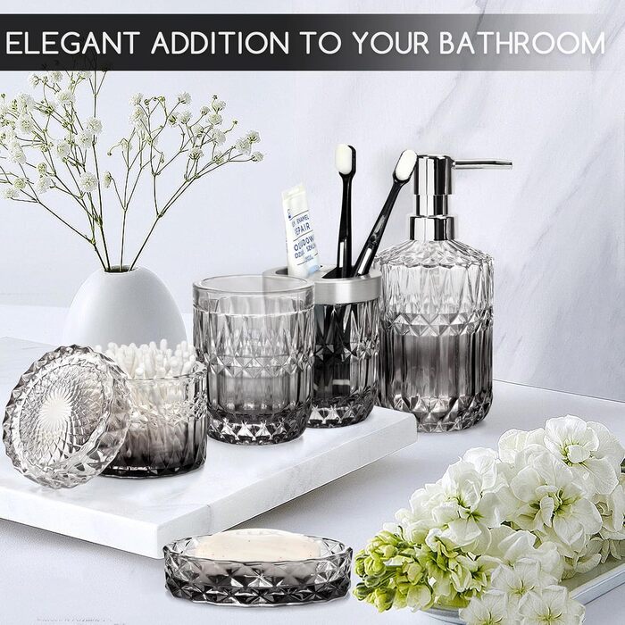 Набір аксесуарів для ванної кімнати зі скла, 5 шт. (мильниця, дозатор мила, стакан, тримач для зубних щіток, контейнер для ватних паличок), чорний