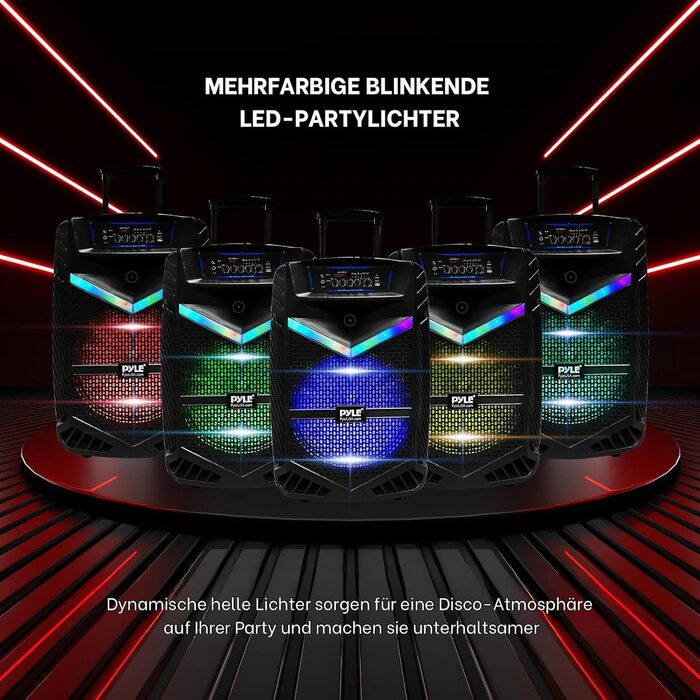 Pyle PA Bluetooth Гучномовець – Караоке Машина з Мікрофоном, 400W, Музична Система, Partybox, Акумуляторний, 8” Сабвуфер, 1” Твітер, Функція Запису, Підсвічування, USB/SD-Радіо