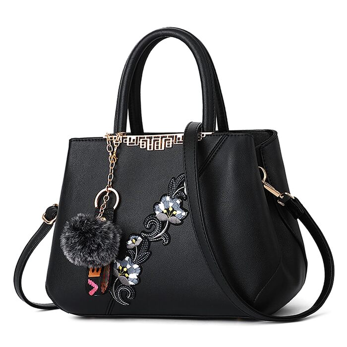 Сумка жіноча DIRRONA велика – сумка через плече та шопер з квітковою вишивкою та помпонами, чорна. Для роботи, відпочинку, подорожей, вечірок та весіль