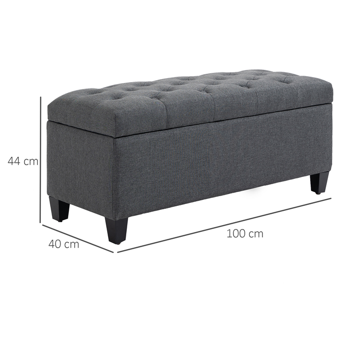 HOMCOM Bench with Cushion and Storage Space, 100 x 40 x 44 cm, Chest Bench made of linen-like Polyester and Rubberwood in Dark Grey