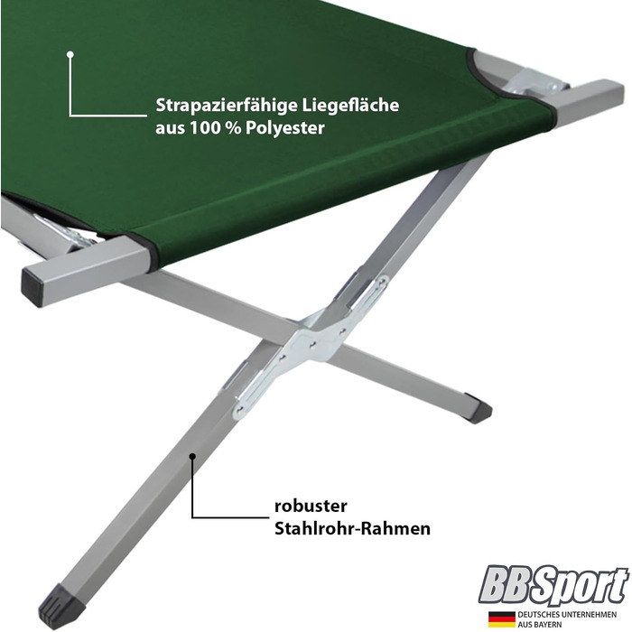 BB Sport Кемпінгове ліжко складане, 190x64x41 см, сталеве, 180 кг, з сумкою, зелене