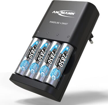 Зарядний пристрій ANSMANN Powerline 4 Smart з 4x NiMH акумуляторами 2850mAh для AA/AAA - автоматичний зарядний пристрій з режимом відновлення, для перезаряджуваних батарейок, включає 4x 2850mAh AA