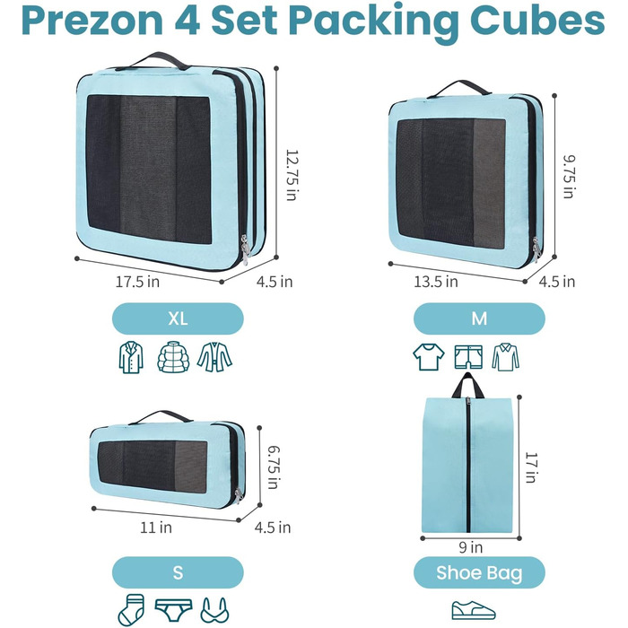 Набір кубиків-органайзерів для подорожей Prezon (4 шт., м'ятний колір)