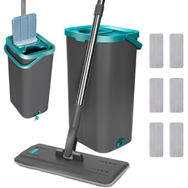 Набір для миття підлоги з відром, Masthome, компактний, з віджимом, 3 мікрофібрових насадок, нержавіюча сталь, 2 в 1, для дерев'яних, плиткових та мармурових підлог (сірий+блакитний, 3.7л)