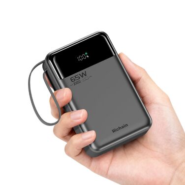 Power Bank Hichain 65W 20000mAh з кабелем USB-C, LED дисплей, чорний - для MacBook, iPhone, Samsung, iPad