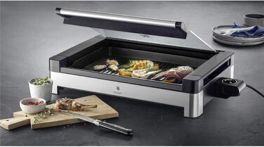 WMF Lono Electric Table Grill with Glass Lid - Non-Stick Coated Plate, Removable Drip Tray, Dishwasher Safe, Matte Stainless Steel, 2200W Single
