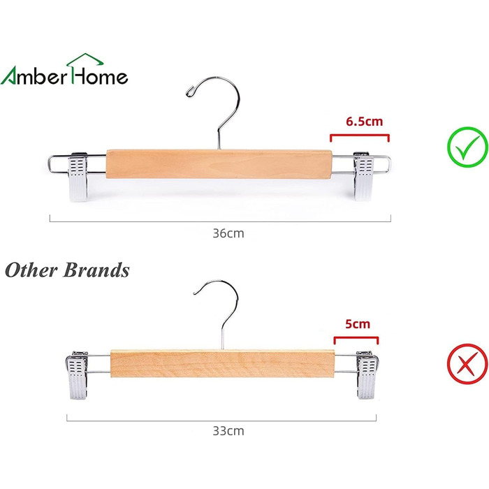 Дерев'яні вішалки для одягу Amber Home, 10 шт., 36 см, білі. Міцні, з антиковзними кліпсами та поворотним гачком. Підходять для штанів, шортів, спідниць, шкарпеток та нижньої білизни.