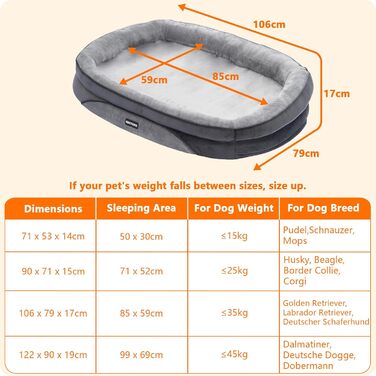 Ортопедичне ліжко для собак, ліжко-софа для собак з валиком, неслизьке дно, знімне та миюче, середні та великі породи, 106 x 79 x 17 см, світло-сірий колір