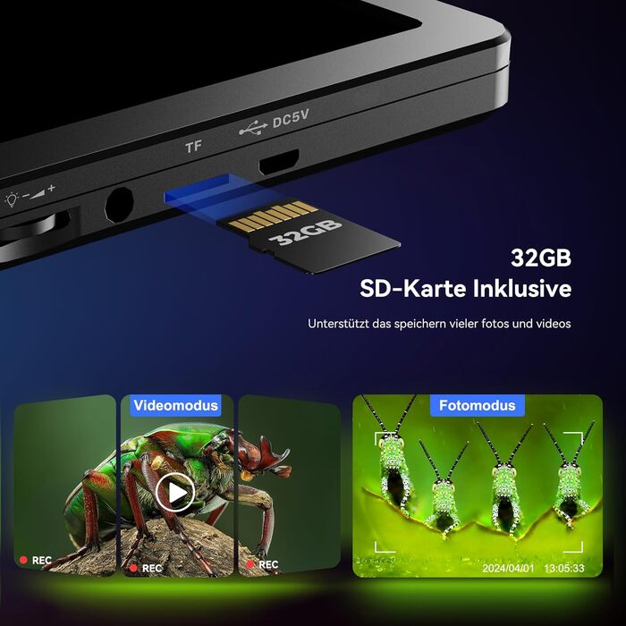 TOMLOV DM9 7' LCD цифровий мікроскоп 1200x, 1080P USB, 12MP, з підсвічуванням LED, для PC/Windows/Mac, 32GB