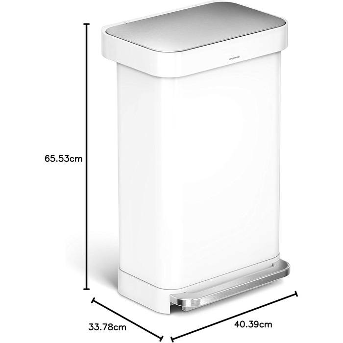 Сміттєвий бак Simplehuman 45 л з педальним приводом, прямокутний, з відділенням для пакетів, нержавіюча сталь, сірий пластиковий кришка