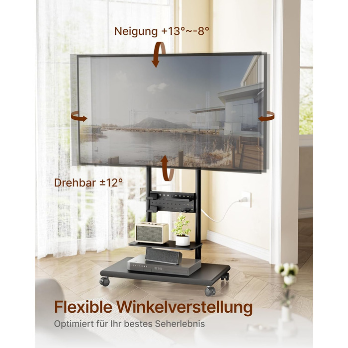 Підставка для телевізора на колесах, 50-90 дюймів, до 70 кг, регульована висота та нахил, з полицями, VESA 600x400 мм