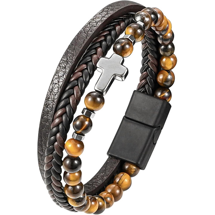 Чоловічий браслет з шкіри, розарій, хрест, чорний/коричневий. Аксесуар для чоловіків та хлопців