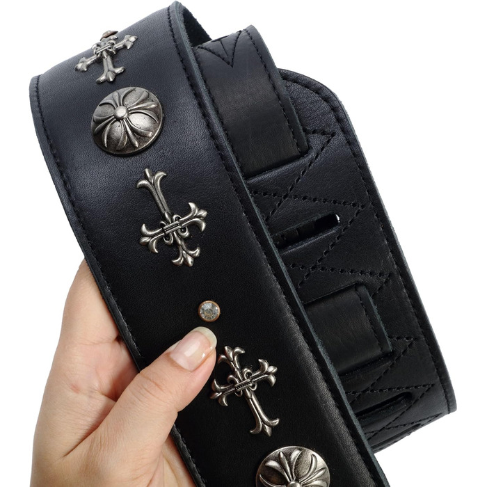 Гітарний ремінь Nefelibata з повном'якої шкіри, з підкладкою з піни, з срібними заклепками, для електро-, акустичної та бас-гітари (2,5' ширини, карбон-чорний), з хрестом