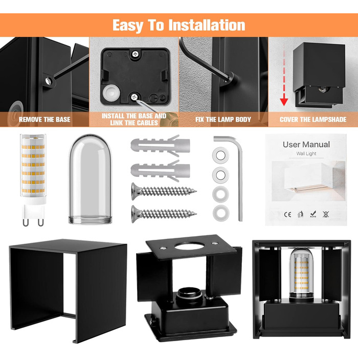 Настінні світильники YrgePowk 2 шт. з LED лампочками G9, IP65, 3000K, регульований кут освітлення, чорний