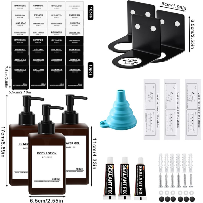 Набір з 3 дозатори мила Roselee для кріплення на стіну, 500 мл, без свердління, для душу, шампуню, гелю для ванни, з етикеткою, для ванної кімнати, кухні (Колір: Коричневий)