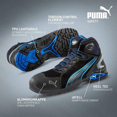 Робоче взуття PUMA Safety Rio Black Mid S3 SRC - чоловічі чорні черевики для роботи з металевим носком, антипробуксовні, 46 EU