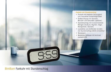 TFA Dostmann Digital Wall Clock with Hourly Chime Bim Bam, 60.4514.02, Radio-Controlled Clock with 5 Different Hourly Chimes (Big Ben, Bird, Cuckoo, Bells, Singing Bowl), Alarm Function, LED Display, white (Black)
