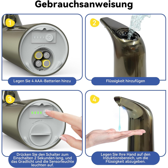 Автоматичний безконтактний дозатор мила з 4 рівнями регулювання, 400 мл, електричний, на батарейках, для встановлення на стіл, з інфрачервоним датчиком (Бронзовий), 400 мл, Бронза
