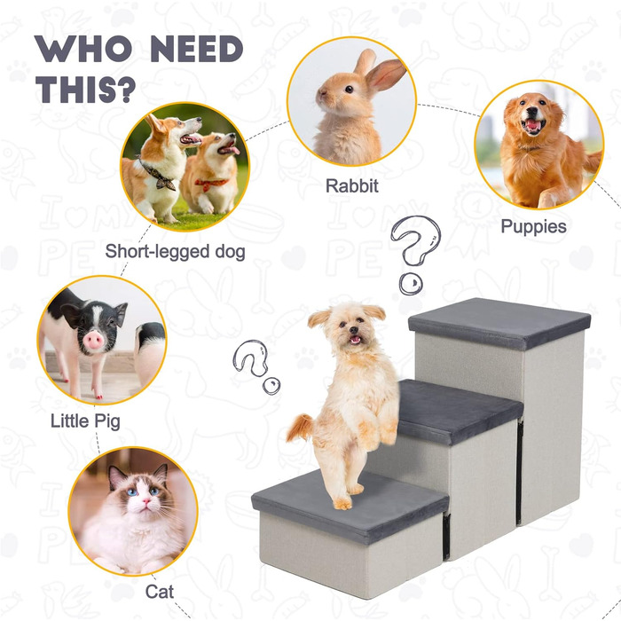 HOMCENT 3-Step Pet Stairs for Dogs and Cats, Foldable Dog Stairs with Ample Storage Space, also Suitable as a Cat Stair, 74x33x44CM