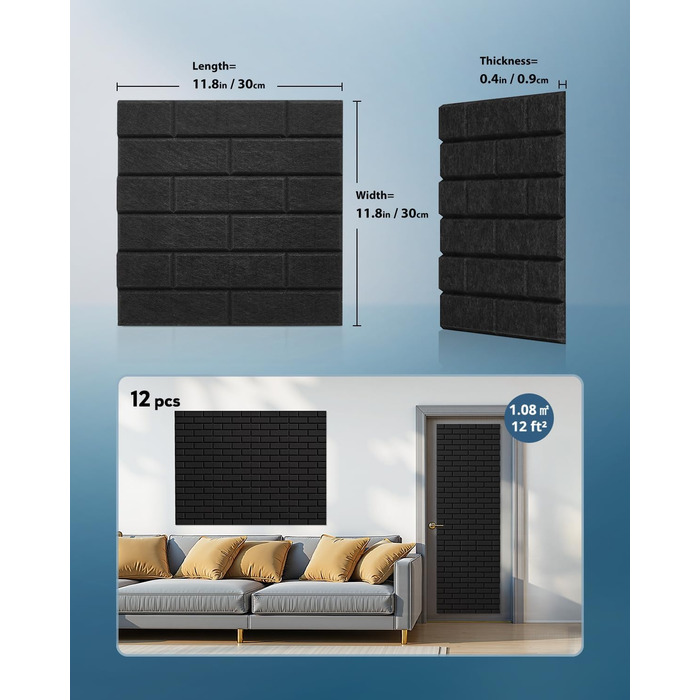 Акустичні панелі Kuchoow самоклеючі звукопоглинаючі плити 30x30x0,9 см, чорні (12 шт) для студії, офісу та звукоізоляції стін