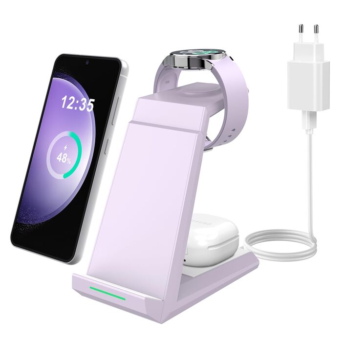 Зарядна станція NANAMI 3-в-1 для Samsung Galaxy Watch, Buds та смартфонів (S25, S24, S23) - бездротова, індукційна, фіолетова