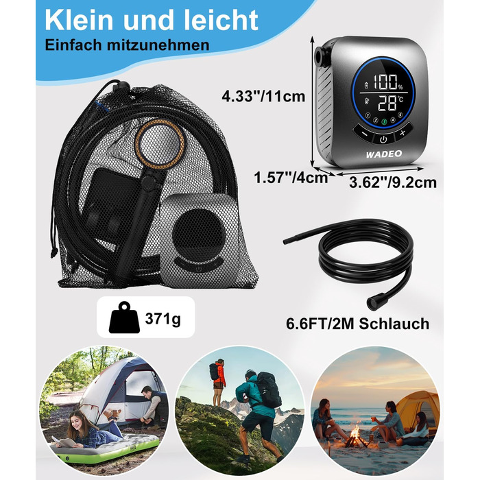 WADEO Portable Camping Shower with Battery and Pump, Camping Shower with Rechargeable 6000/8000mAh Battery, Mobile Showers Outdoor Showers with Showerhead and Hose, for Camping, Travel, Garden, Car Washing (Silver, 8000mAh battery)