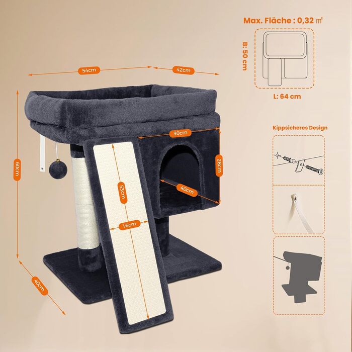 Дряпальня для котів великих порід, кімнатна, 60 см, сіра, з платформою, сизаль, пандус, будиночок, м'ячі, щітка