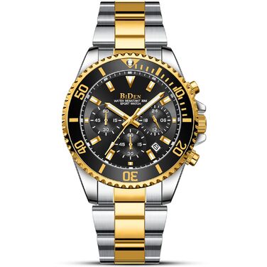 Чоловічий годинник Biden BIDEN-0163, аналоговий, кварц, з браслетом з нержавіючої сталі (Золотий, Чорний)