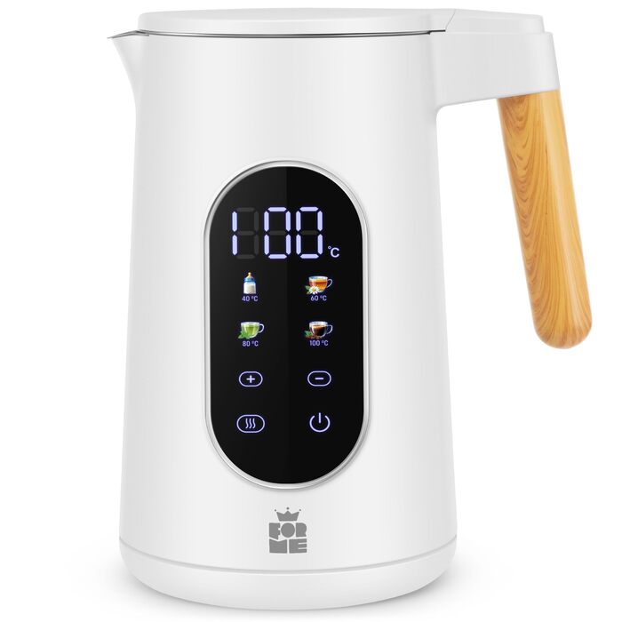 Електричний чайник ForMe з нержавіючої сталі 1.7L з регулюванням температури 40-100°C, LED дисплеєм, функцією підтримання тепла, BPA Free, білий