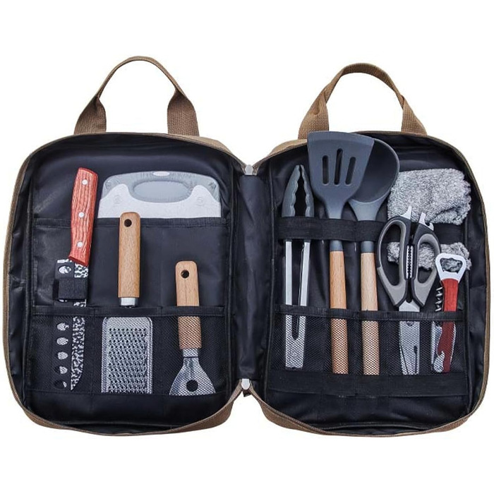 Набір кухонного приладдя для кемпінгу Sadodo: 11 предметів, з органайзером та сумкою, силікон та нержавіюча сталь