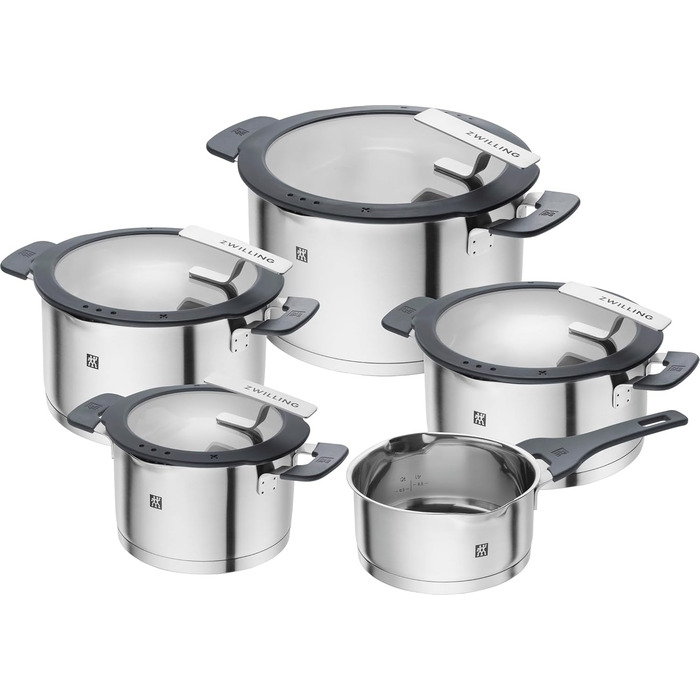 Набір каструль ZWILLING Simplify 5 предметів з кришкою-ситом, скляною кришкою, індукційне дно, нержавіюча сталь, срібно-чорний