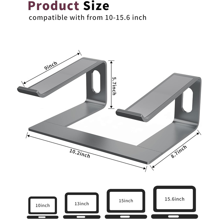 Підставка для ноутбука Alashi настільна, алюмінієва, ергономічна, сіра (10-15.6 дюймів)