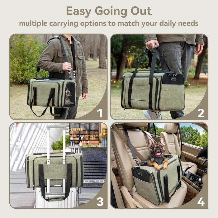 Транспортна сумка для котів та собак Petsfit, розширювана переноска з плечовим ременем, сумка-переноска для собак та котів, авіапереноска, оксфордська тканина, S/Зелений/Двосторонній Зелений L/Двосторонній