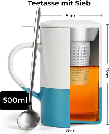 Набір чайних чашок Miamio 2 x 500 мл з кришкою та ситом, з чайним ситечком та ложкою, для заварювання листового чаю, подарунок для жінок, безпечно для мікрохвильової печі та посудомийної машини (блакитний)