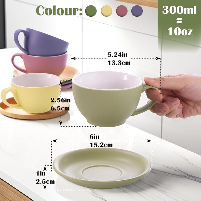 Набір кавових чашок Yundu Cappuccino 4 шт. по 300 мл з блюдцями, кераміка, матові кольори для латте-арт, для бариста, великі мока чашки