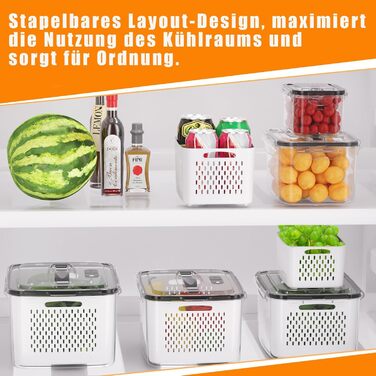 4-Pack Refrigerator Organizer – Vegetable Storage & Organization, stackable with strainer, lid and handle for the kitchen – Fridge Organizer for refrigerator storage