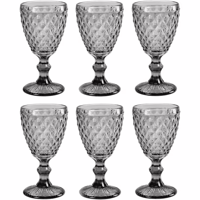 Vintage 6-piece set of colored wine glasses and tumblers with diamond pattern (Netz Gray wine glass), highball glasses, cocktail glasses with embossing, glass, tumbler, wine glass, water glass, goblet