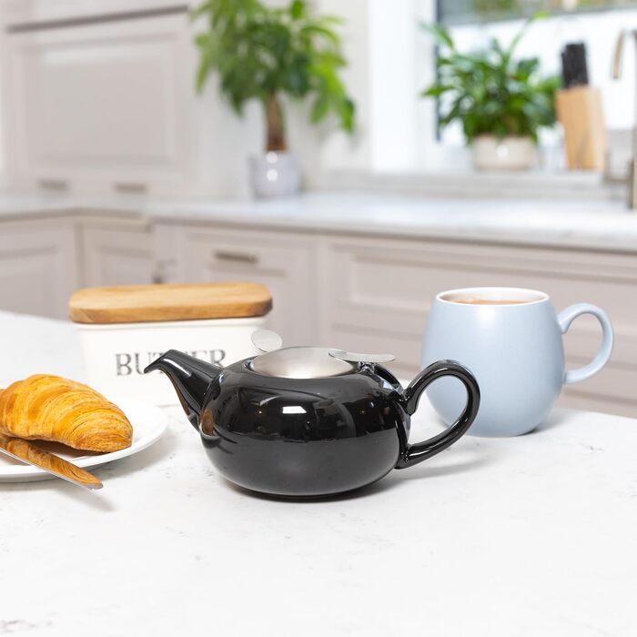 LONDON POTTERY Pebble Teapot with infuser for loose tea, stoneware, (2 Cup (500 ml), Black Glossy)